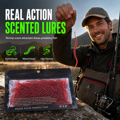 📢📢 LAST DAY – Buy 2 Get 2 FREE一$7.49 EACH⏰Simulation Earthworm Soft Fishing Lures Shrimp Scented Artificial Worm Baits for Freshwater and Saltwater Pack of 100