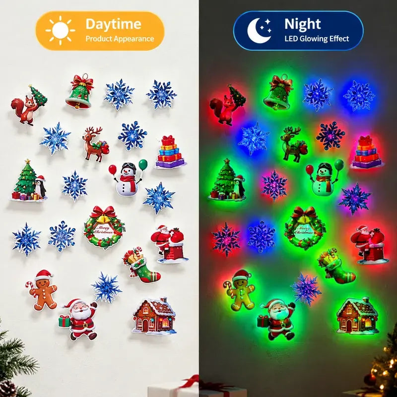 Daytime and nighttime LED Christmas decal comparison